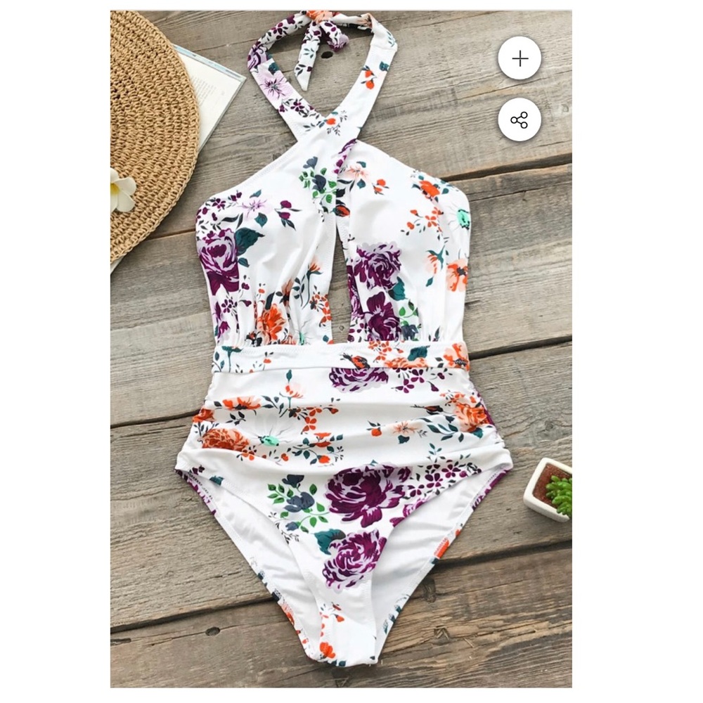 Cupshe White Floral One-Piece Swimsuit with Purple & Orange Flowers